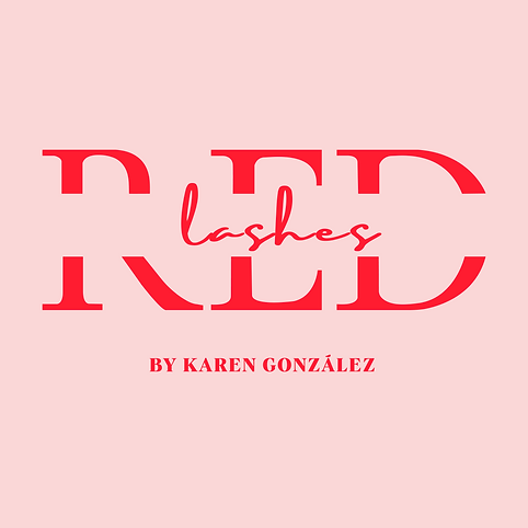 Logotipo con fondo rosa y letras grandes rojas que dice RED y entre ellas la palabra Lashes.