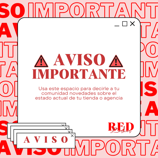 Post Instagram rosa, rojo y blanco que dice AVISO IMPORTANTE! 