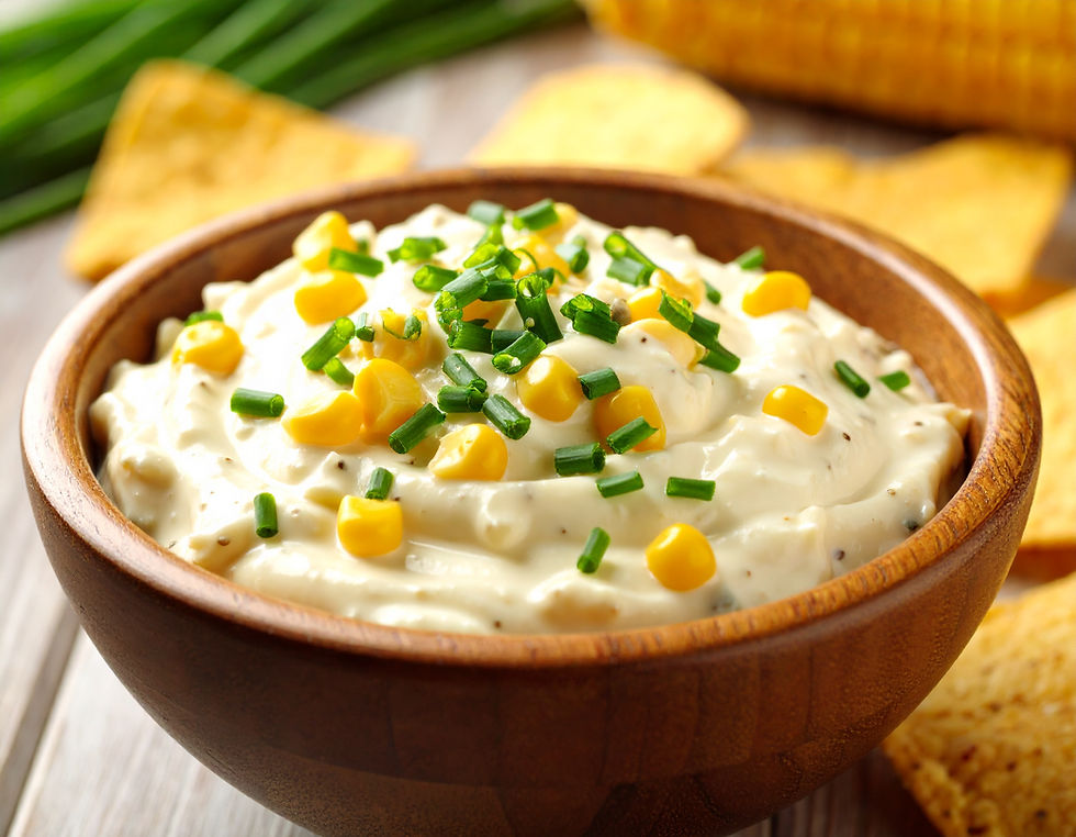 A bowl of bright creamy corn dip with tortilla chips for scooping