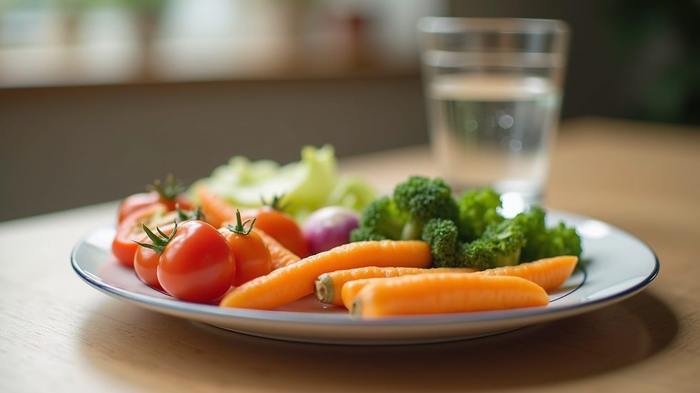 High angle view of a child’s plate with colourful vegetables and a glass of water