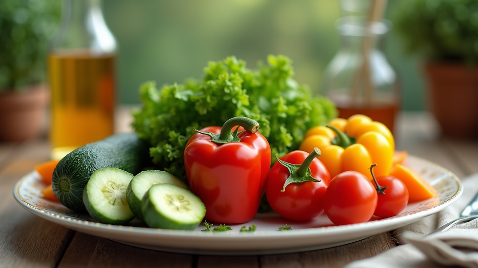 Eye-level view of a colourful plate with a variety of healthy vegetables