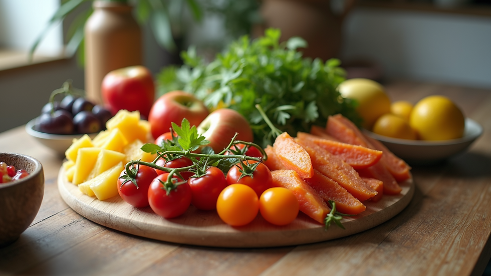 High angle view of a colourful fruit and vegetable platter on a kitchen table