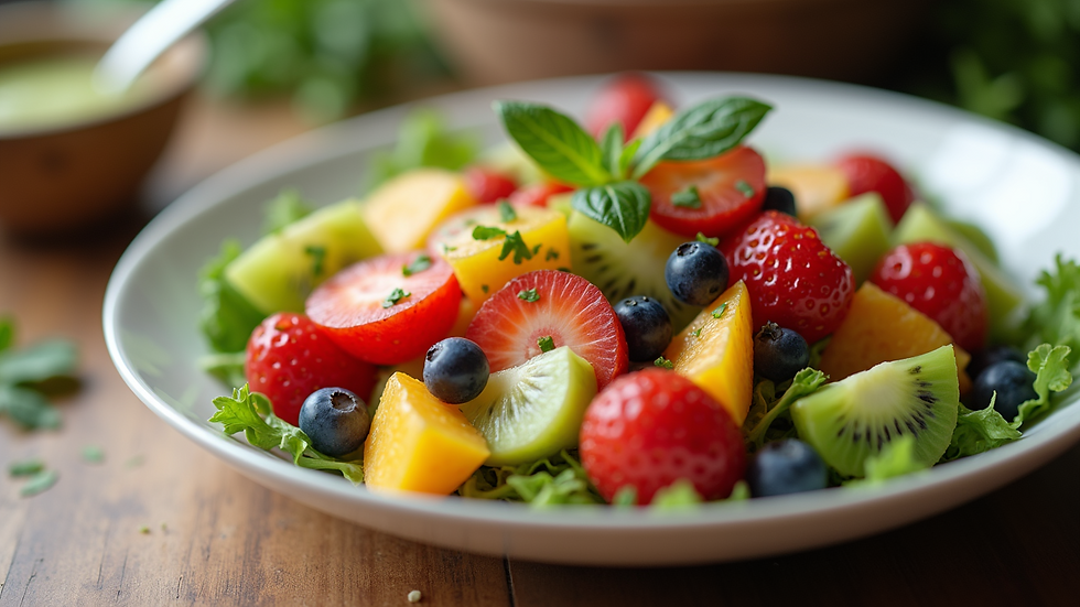 Close-up of a bowl of colourful mixed fruit salad on a kitchen table