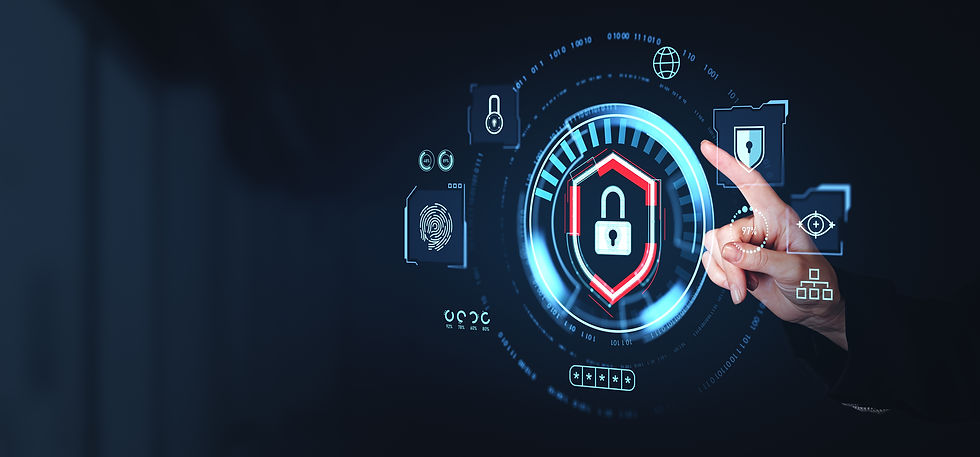 A hand pointing at a digital cybersecurity interface with a lock icon, futuristic graphic