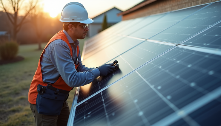 Vista lateral de técnico instalando microinversor em painel solar residencial