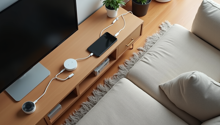 Vista superior de uma sala com vários aparelhos conectados a tomadas inteligentes wifi