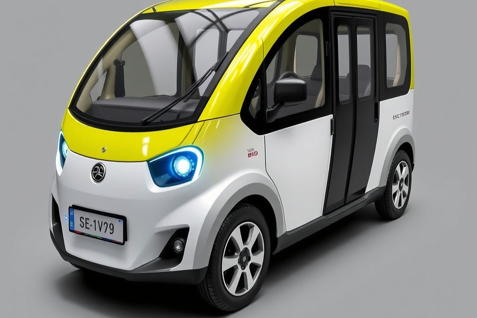 Veículo elétrico compacto, bicolor amarelo e branco, com faróis acesos.