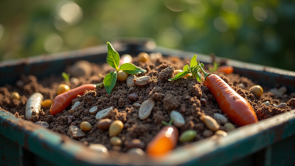 Eye-level view of a compost bin with layers of organic waste