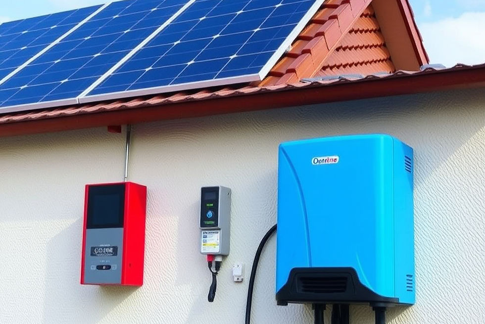 Painéis solares em telhado, com inversor vermelho e controlador azul instalados na parede. Céu azul ao fundo, clima tecnológico.