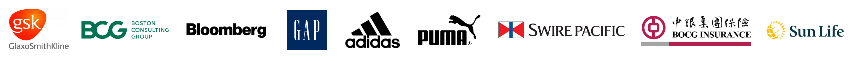 Corporate clients including GSK, Boston Consulting Group, Bloomberg, GAP, adidas, PUMA, Swire Pacific, BOCG Insurance and Sun Life
