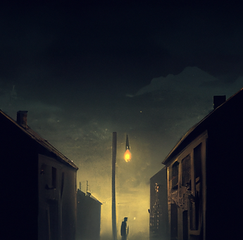 DALL·E 2023-08-12 22.27.06 - Generate an artwork of a perpetually dark street, with broken