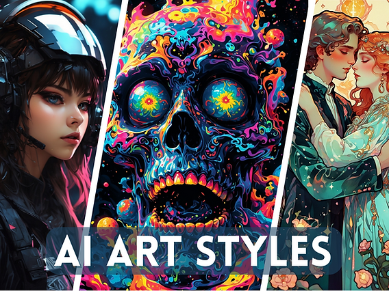 Different styles of AI-generated images showing artistic, photorealistic and abstract examples