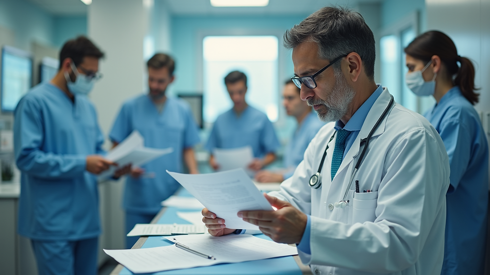 High angle view of a healthcare provider reviewing patient records in a clinic