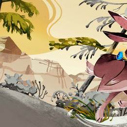 Illustration by August Zhang of a hare jumping down a forest path.