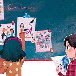 Illustration by August Zhang of kids in a classroom at the chalkboard with their teacher hanging up art of their families with a blue lion looking on from the right, who is featured in one of the kids' drawings.