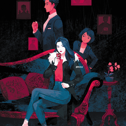 Illustration by August Zhang of three young people with a Victorian-style couch and cards on the floor.