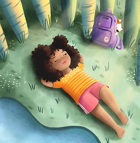 Nadia Fisher's thumbnail of a girl sunbathing on the grass, with her purple backpack sitting next to her.