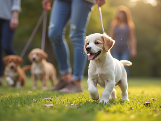 eye level image of a dog training class in the park