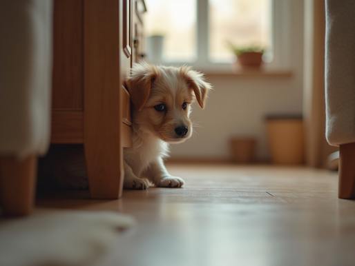 A puppy hiding behind furniture