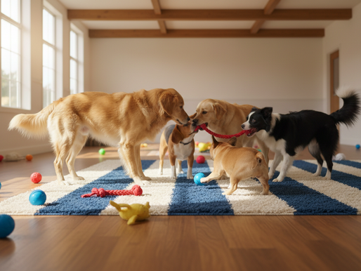 an eye level image of dogs in a daycare setting