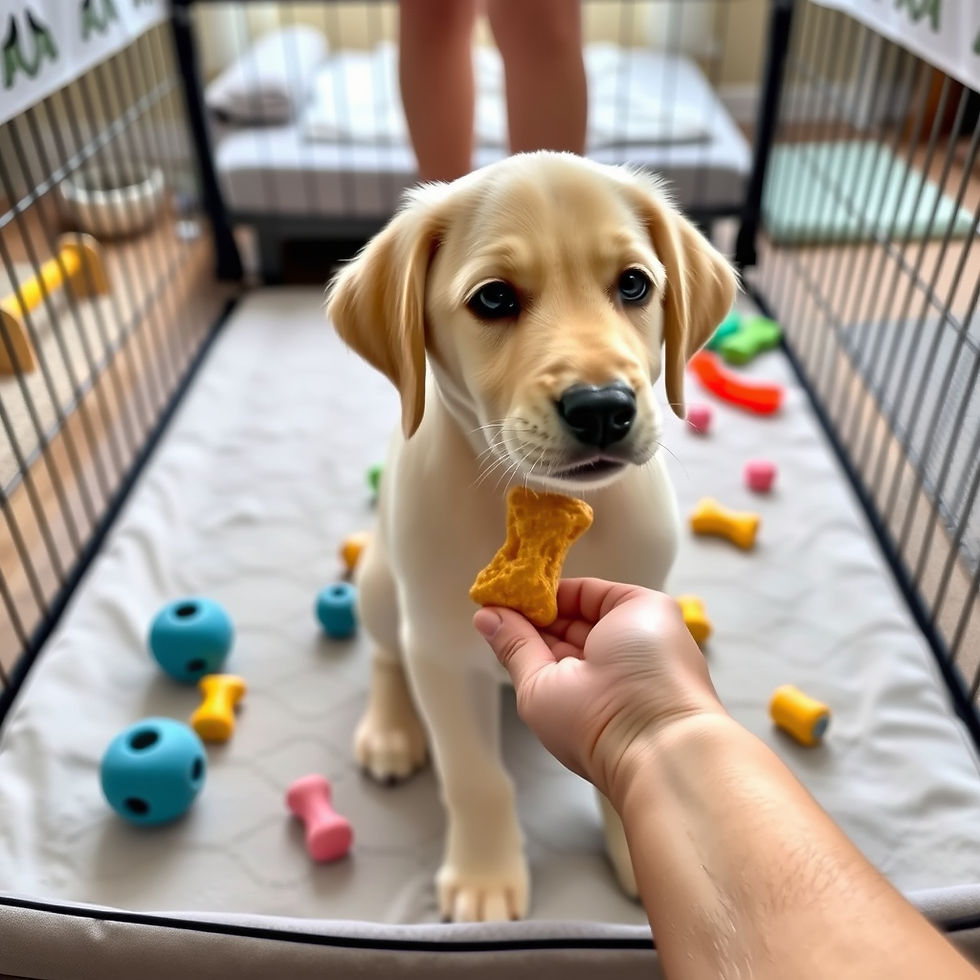 A puppy in dog pen getting offered a treat
