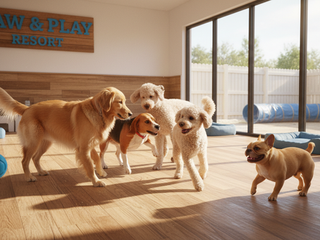 a group of dogs in a daycare setting