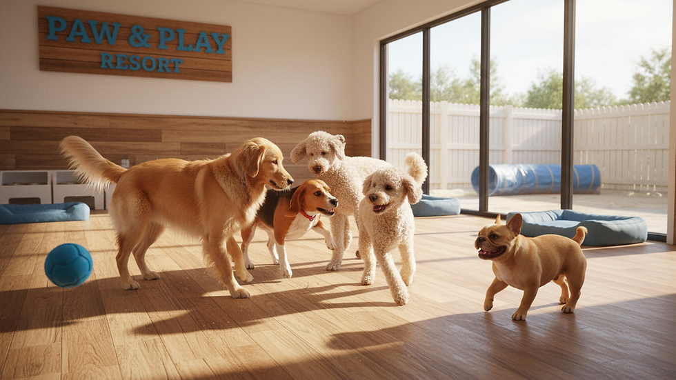 Eye-level view of a clean and secure dog boarding facility with outdoor play area