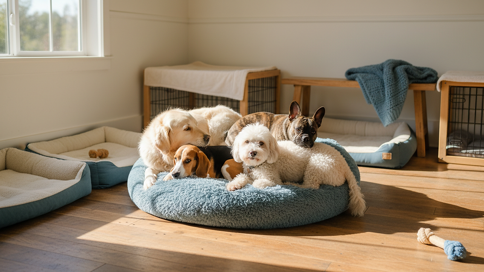 Eye-level view of a cozy dog boarding room with plush bedding