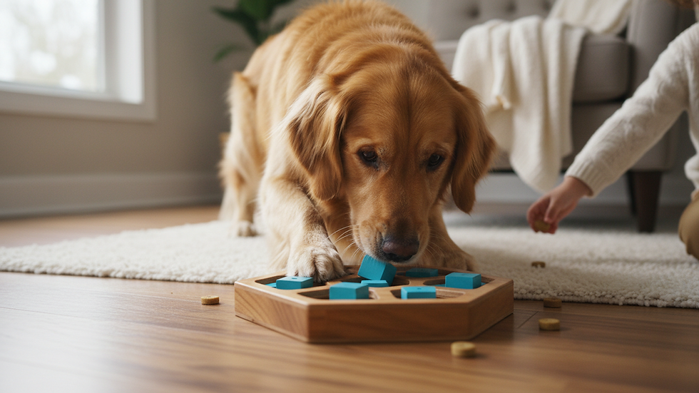 Eye-level view of a dog playing with a puzzle toy