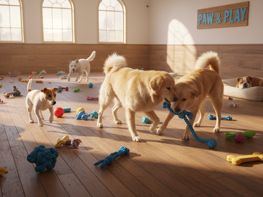 Dogs playing in a dog daycare full of natural light, toys and comfy spots