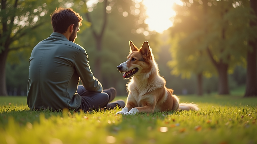 Eye-level view of a dog calmly sitting beside its owner in a park