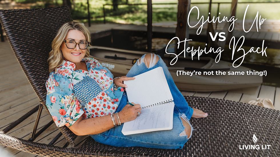 Woman in floral shirt and glasses writing in notebook on wicker chair. Background of wooden deck and canoe. Text: Giving Up vs Stepping Back.