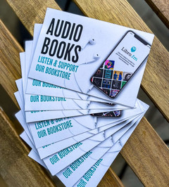 Audiobooks post card.  Support your local Black owned bookstore.