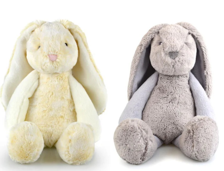 Adorable plush bunny Easter gifts, one yellow, one gray.