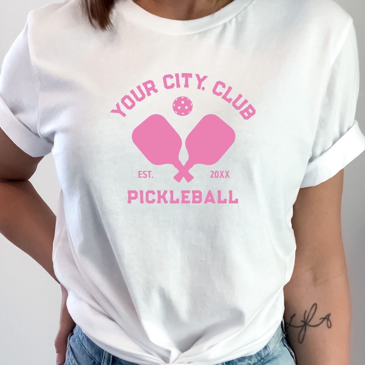 Custom Pickleball Tshirt Pink White Club Team Name
