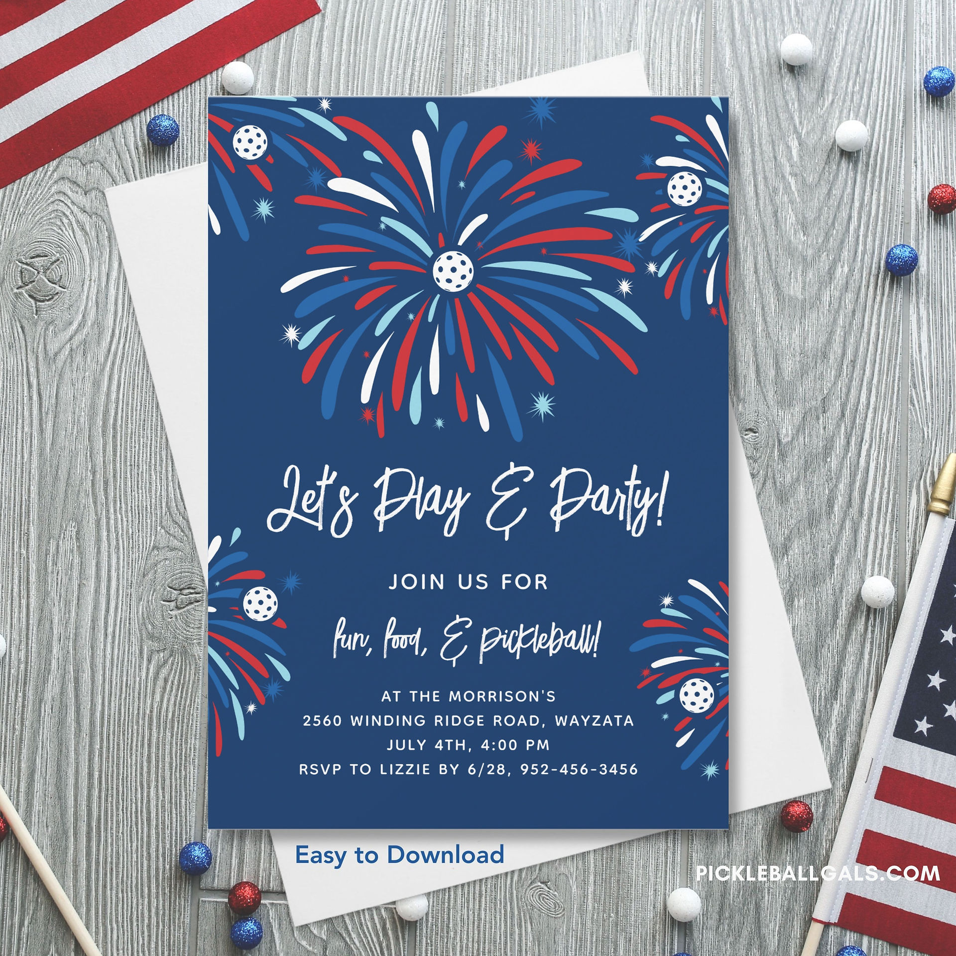 Pickleball party invitation, Festive 4th of July Fireworks design