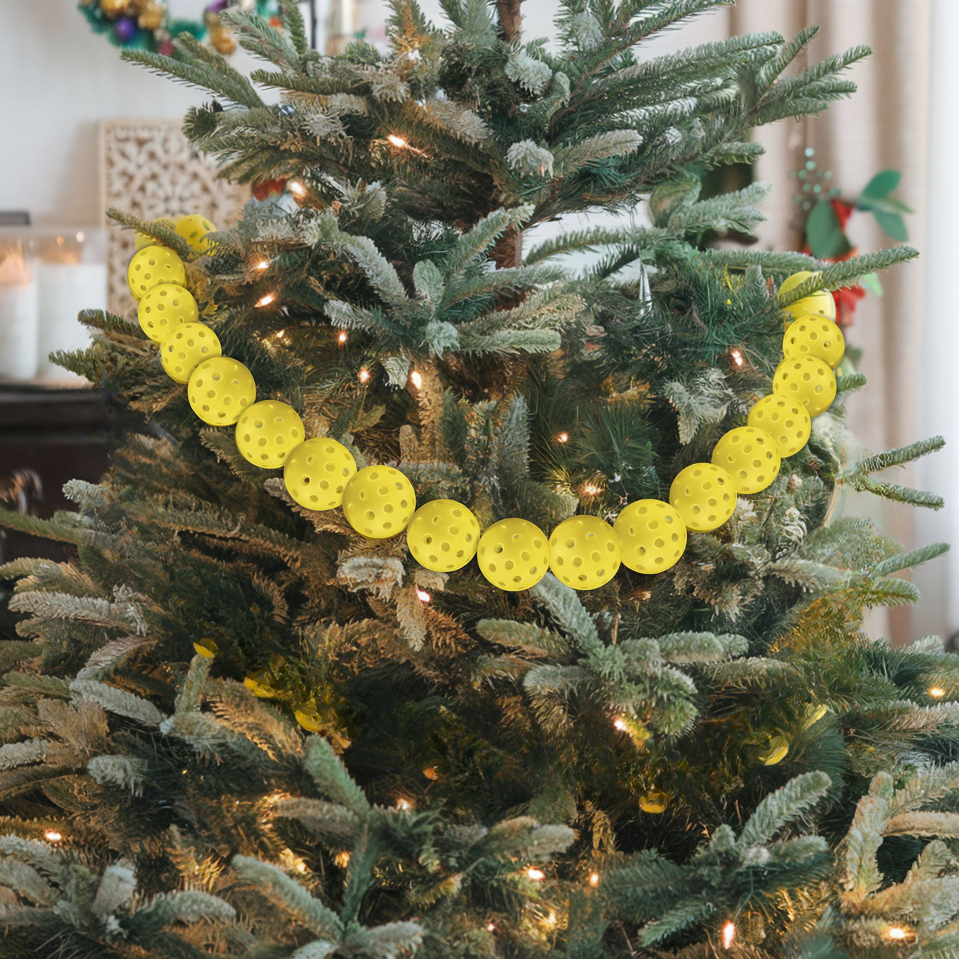 Pickleball Christmas Garland create with cracked recycled pickleballs