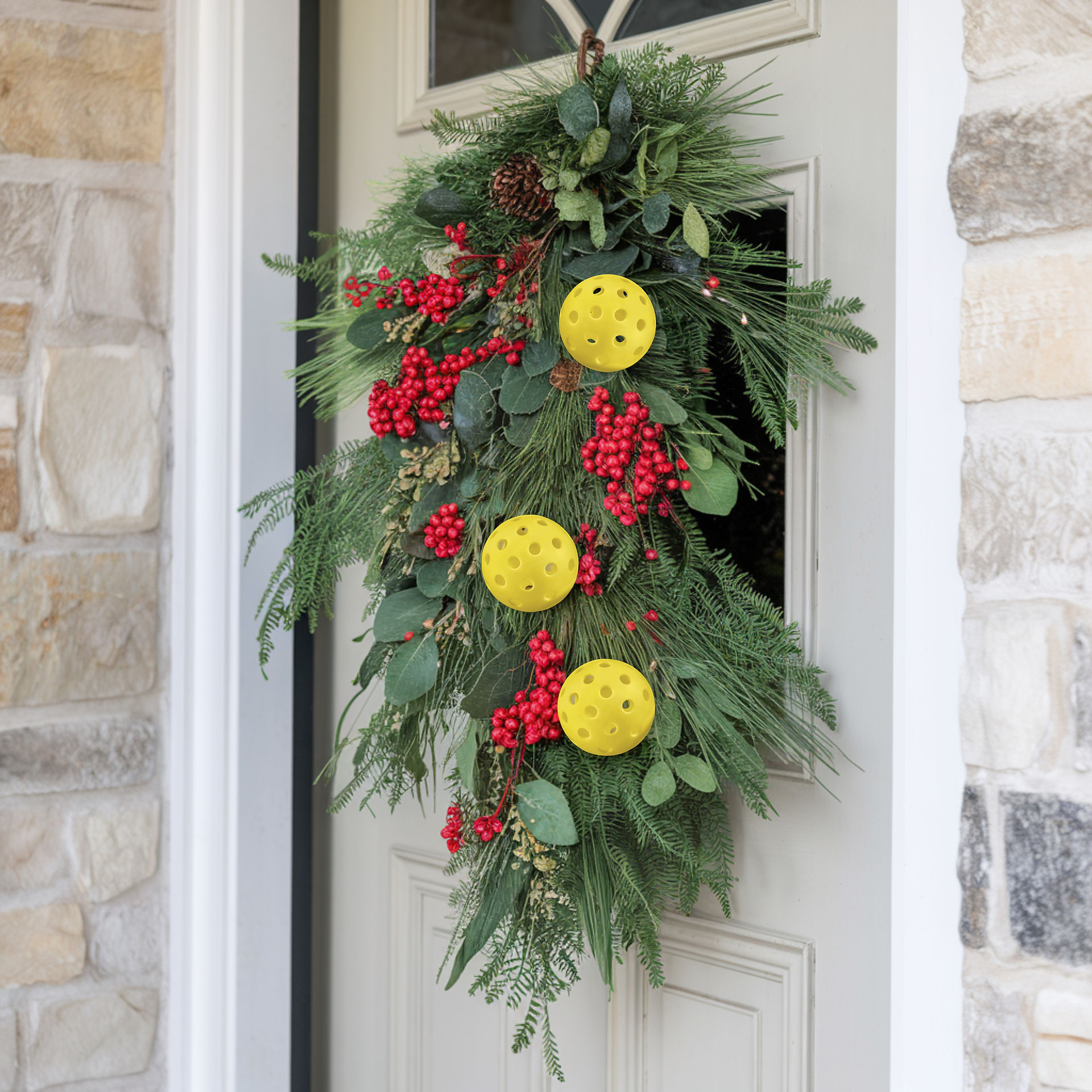Pickleball Christmas Wreath create with cracked recycled pickleballs