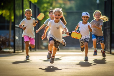 Happy kids running to the pickleball court
