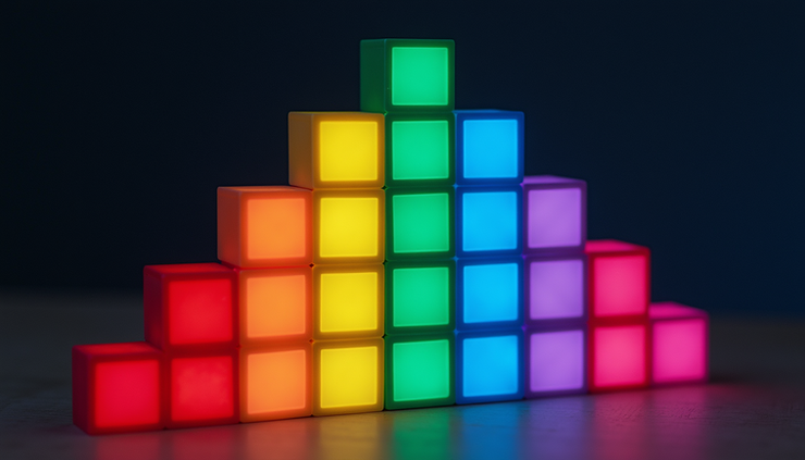 Vista frontal de uma tela de jogo de Tetris com peças coloridas encaixadas