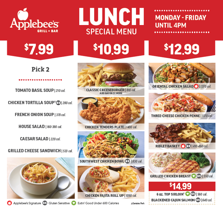 Virginia Applebee's Lunch Special Menu featuring $7.99, $10.99, $12.99, and $14.99 price tiers.