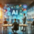 Cover image for the blog post 'Harnessing the Power of AI: A Strategic Blueprint for Businesses.' The image features a realistic, modern office setting with professionals working on computers. Futuristic technology and AI icons are subtly integrated into the scene. The background shows a cityscape through large windows. The title text is prominently displayed in bold, clean font with vibrant colors like blue, green, and orange, enhancing the overall professional design.