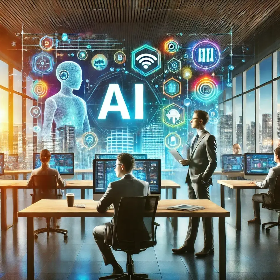 Cover image for the blog post 'Harnessing the Power of AI: A Strategic Blueprint for Businesses.' The image features a realistic, modern office setting with professionals working on computers. Futuristic technology and AI icons are subtly integrated into the scene. The background shows a cityscape through large windows. The title text is prominently displayed in bold, clean font with vibrant colors like blue, green, and orange, enhancing the overall professional design.
