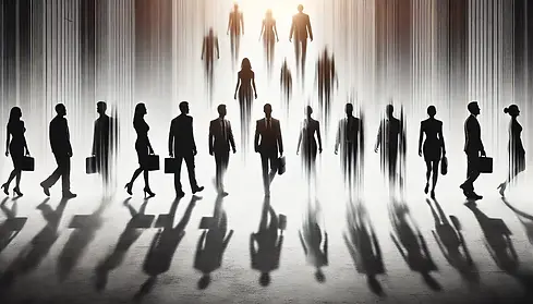 DALL·E 2024-10-26 11.47.57 - Silhouettes of men and women in business attire walking to th