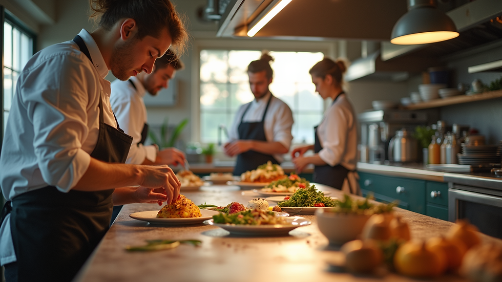 Vue en plongée d’un atelier de cuisine végane avec des participants concentrés