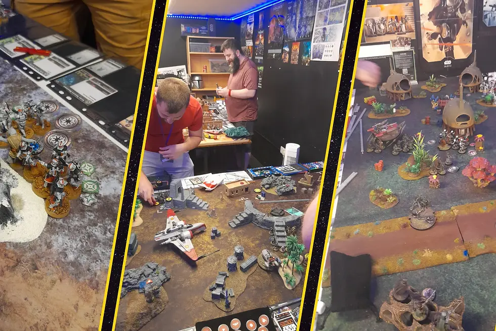 Collage of people playing the Star Wars Legion tabletop wargame with miniatures, terrain and dice in a hobby room with Star Wars posters.