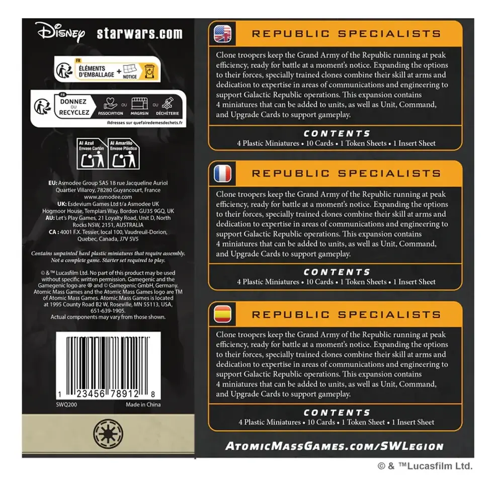 Star Wars: Legion - Republic Specialists Expansion Back Cover