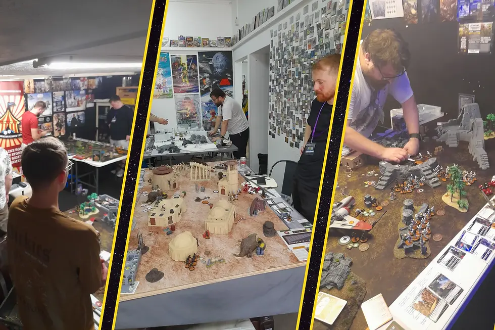 Three men play the Star Wars Legion tabletop miniatures in a game store, leaning over detailed Star Wars themed tables and desert battle maps amid posters and cards.