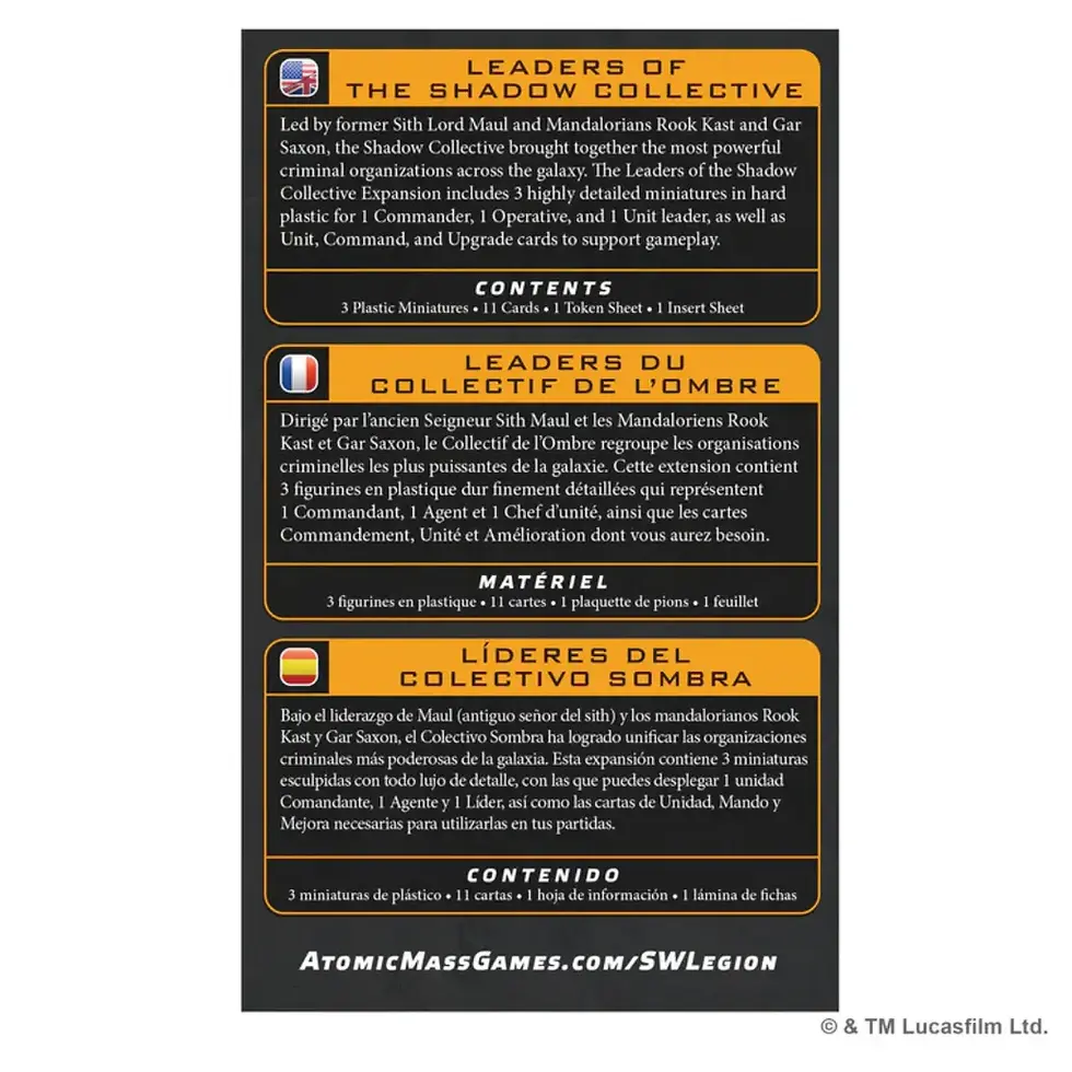 Star Wars: Legion - Leaders of the Shadow Collective Expansion Back Cover