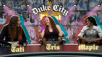 Three young women laughing in front of a "Duke City Digest" sign on a brick wall. Names "Tati" "Tris" and "Maple" are under each person.